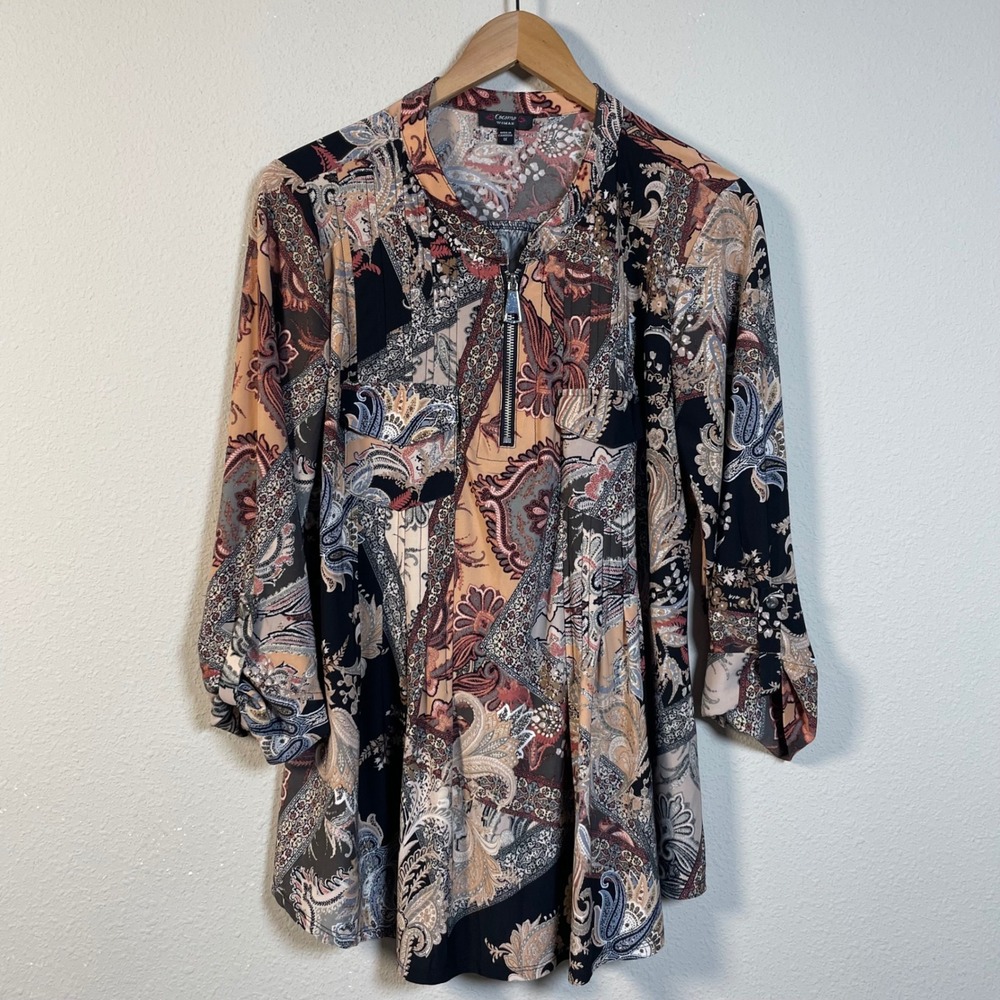 Cocomo Woman Blouse Womens 1X Multicolor Paisley Roll Tab Quarter Zip Tunic Boho